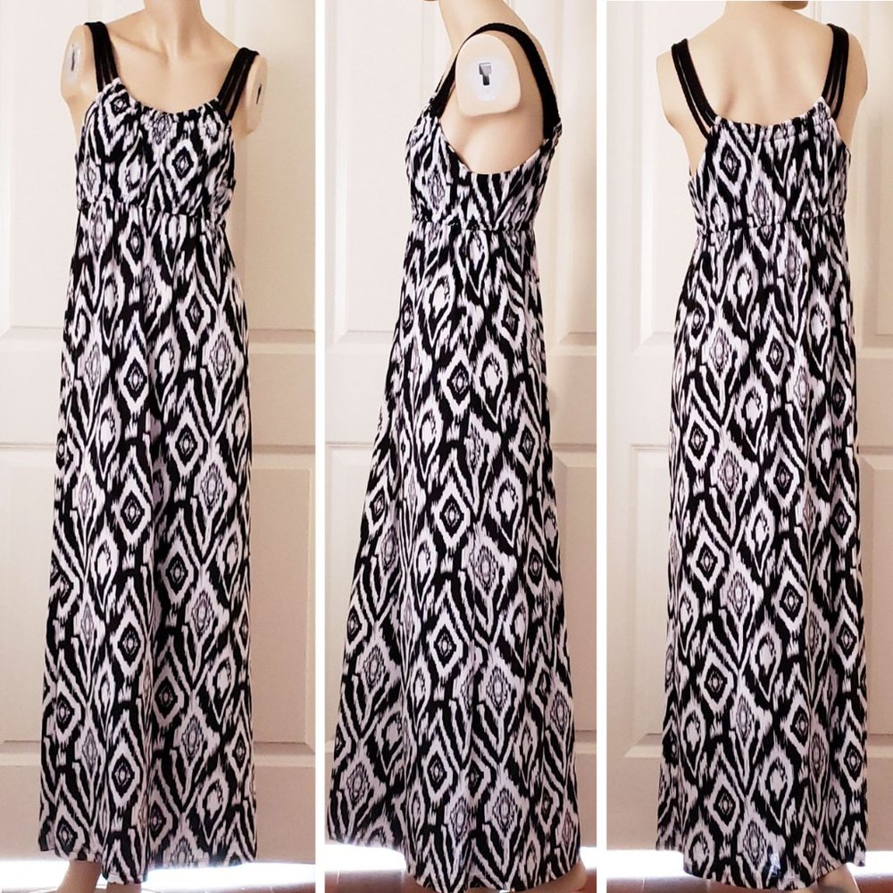 Apt. 9 Triple Braided Straps Ikat Print Maxi Dress SZ Small Black White